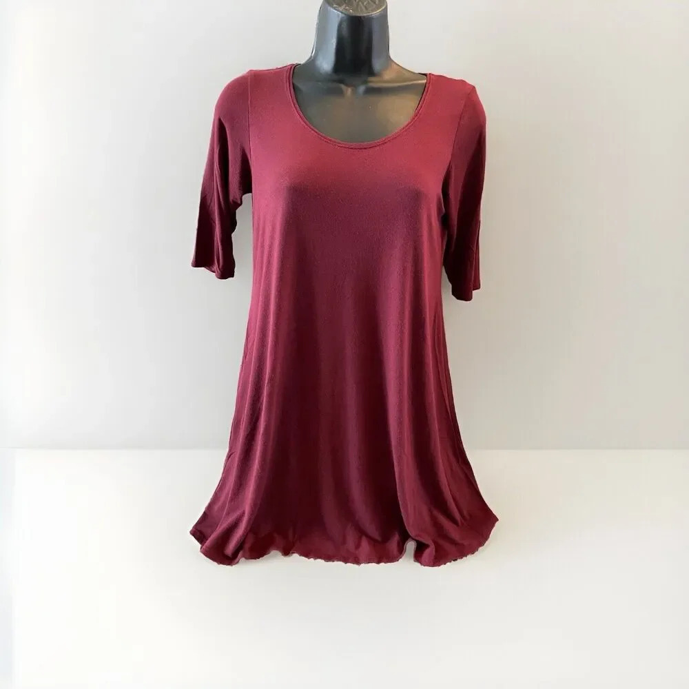 Eileen Fisher Tunic Maroon Red 3/4 Sleeve Crew Neck Stretch XS Womens Holiday